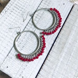 Bohemian Red Hoop Dangling Silver Earrings NWT